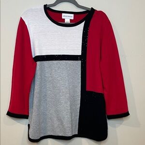 Alfred Dunner Red and Gray Geometric Long Sleeve Top